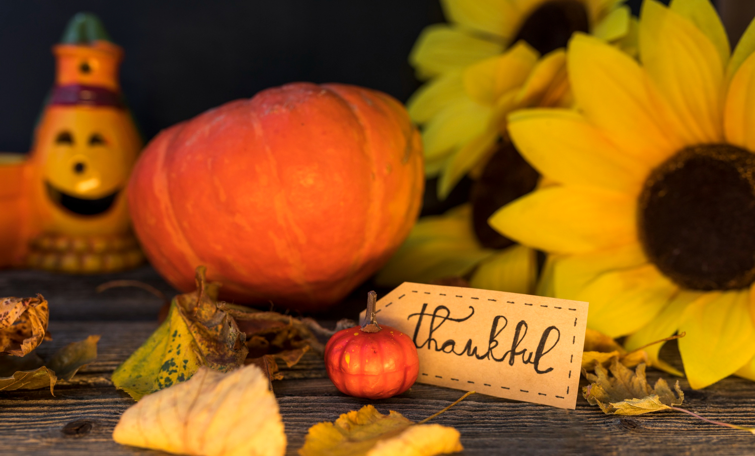 Autumn arrangement with a sunflower and a pumpkin