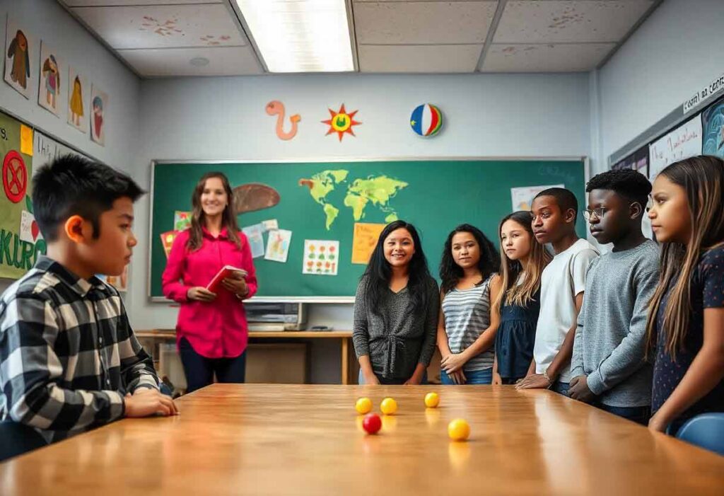 students lining up the right side of the room whilte only 2 students line up on the left side for a game