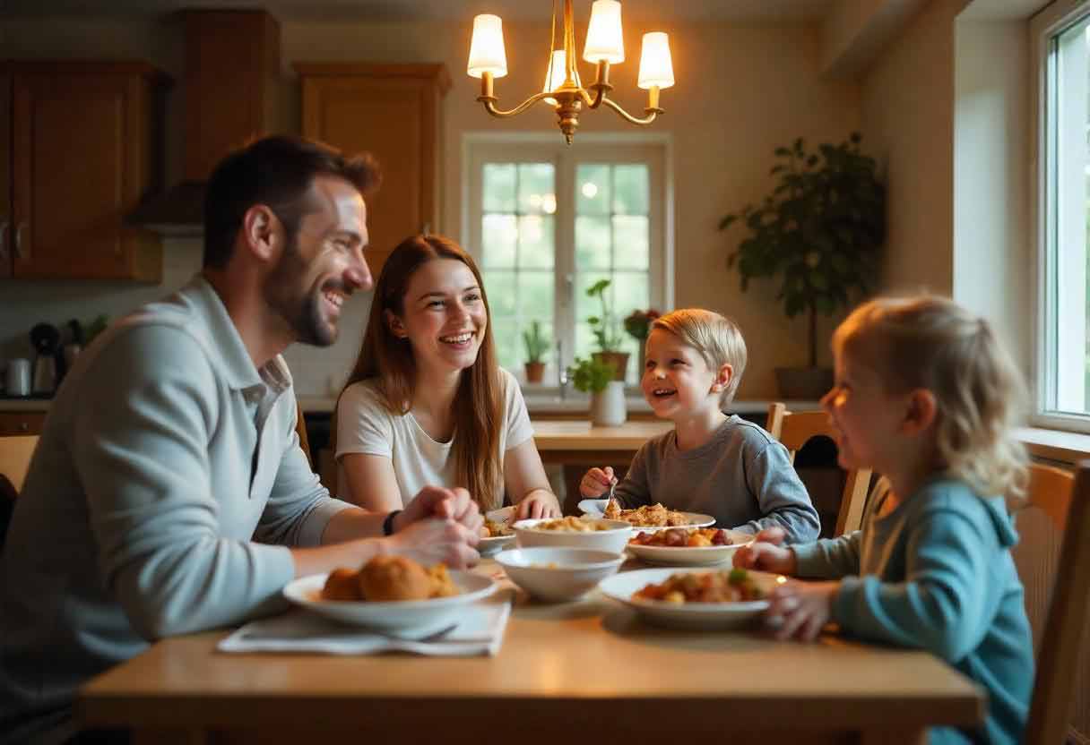 A colored photo of a family happily laughing during dinner.