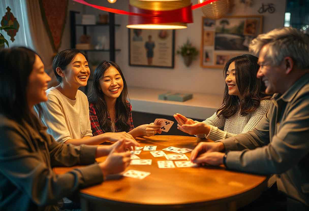 A lively group of friends laughing and playing a game at a cozy table.