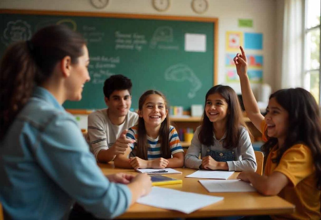 A teacher leading a discussion with students laughing and raising their hands.