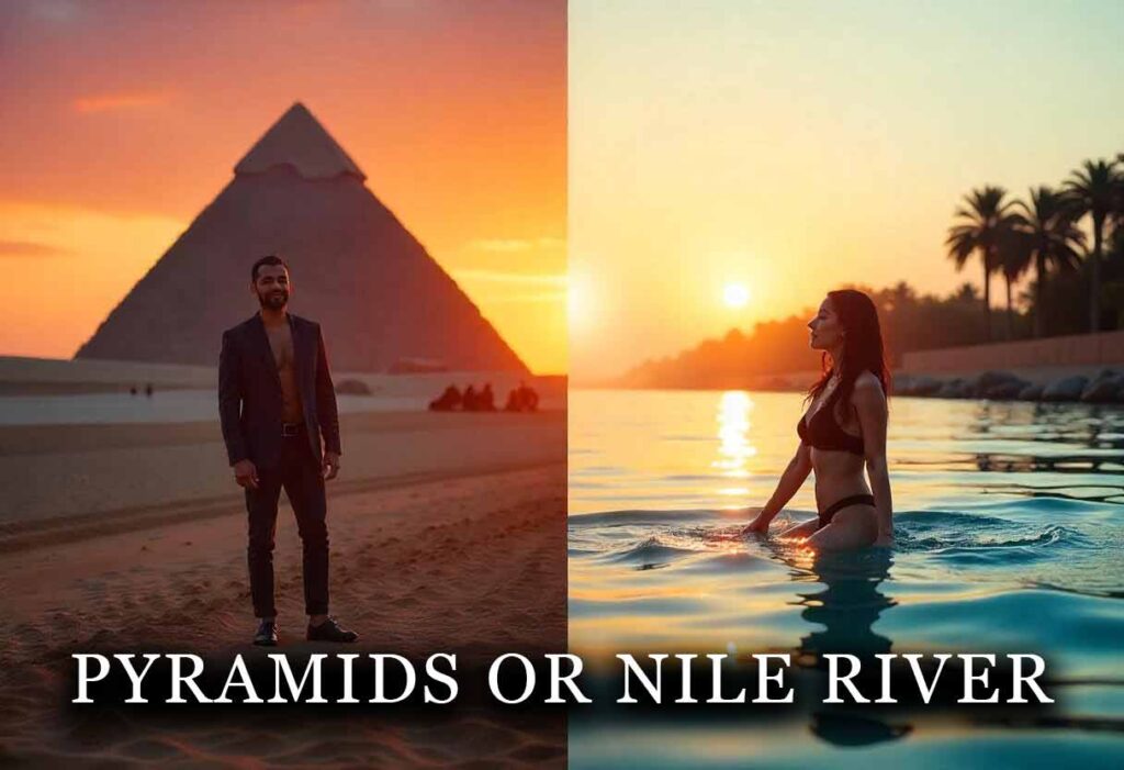 a split image of person posing infront of the pyramids and the other image is an image of a person swimming in the nile river