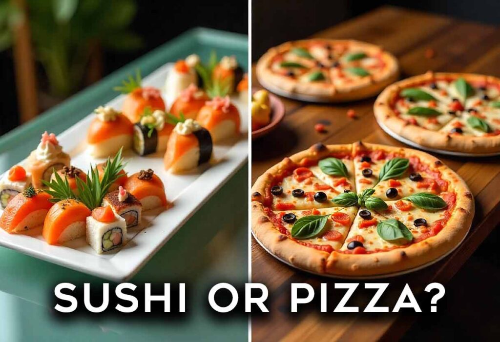 a split image of a table with plates of sushi, and the other image is a table full of pizza